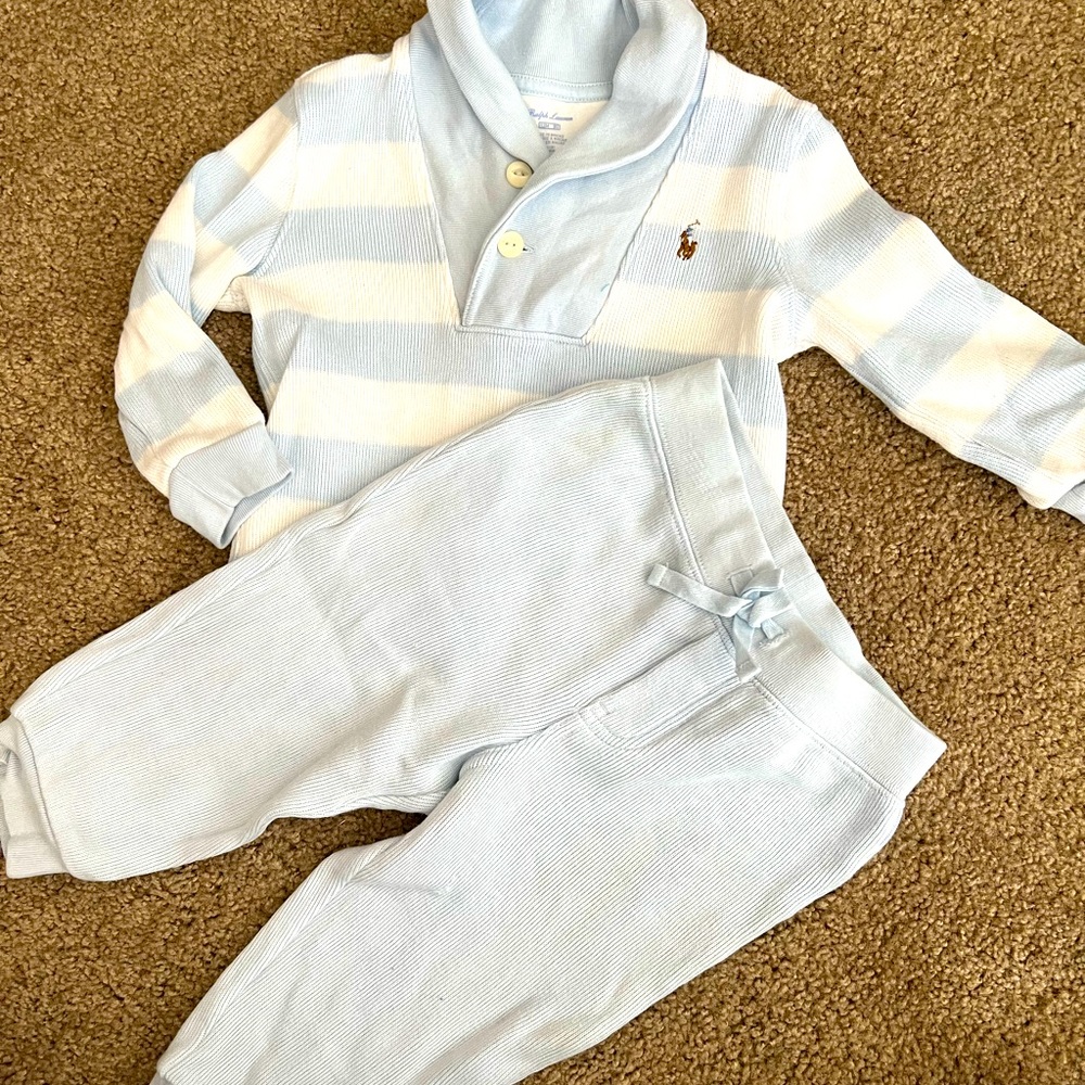 Adorable Ralph Lauren Baby Blue Cotton Jogger Set. Size 12 Months